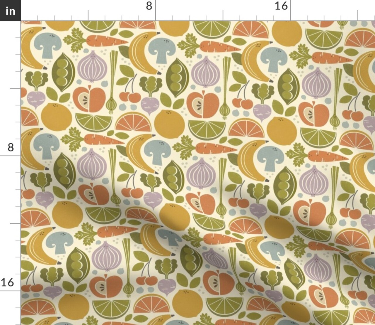 Vintage Food Retro Green Yellow Orange Purple Fruit Veggies Apple Carrots Bananas Peas Mushroom Custom Printed Fabric by Spoonflower Various Fabrics by the Yard or Fat Quarter